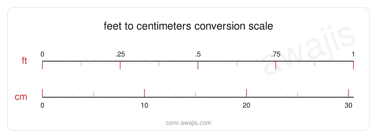 Feet to Centimeters conversion scale — a dual ruler showing 1 ft equals 30.48 cm.