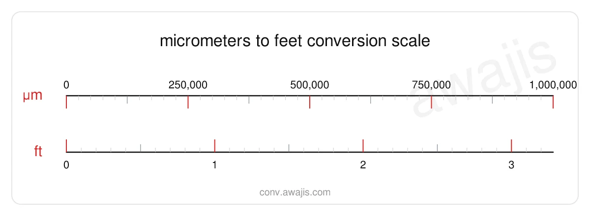 Micrometers to Feet conversion scale — a dual ruler showing 1 µm equals 0 ft.